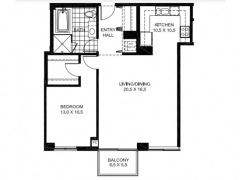 Floor plan for 1 bed, 1 bath, 906 sqft